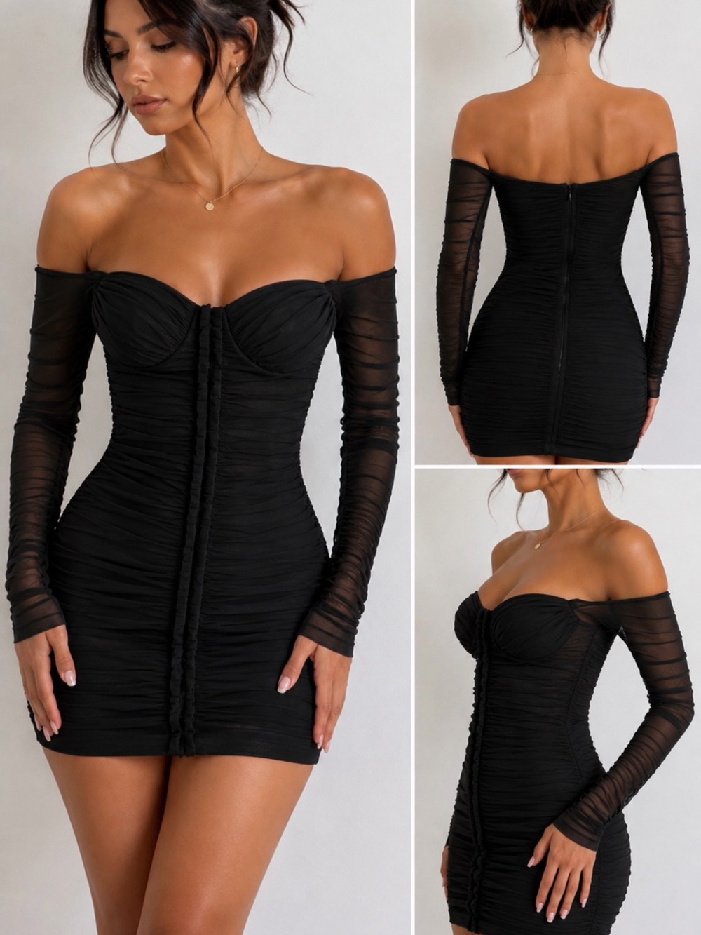 privy Black Off-Shoulder Ruched Mesh Mini Dress